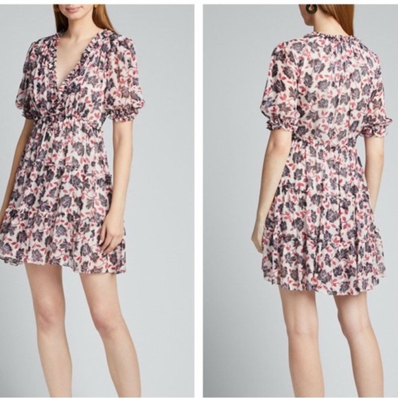 Cinq a Sept‎ Tish Printed Mini Dress Women’s Size 8 Floral Ruffle Pink Red - Picture 1 of 10